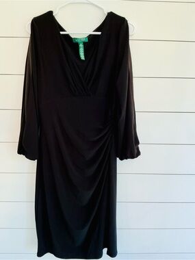 Women’s Lauren Ralph Lauren Black V-Neck Midi Dress with Side Gather Size 10